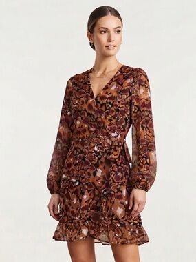 Montgomery Post Brown Floral Wrap Dress with Ruffle Hem